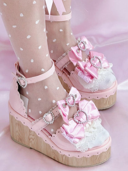 Heart Gyaru Beaded - Bow Wedge Pink Accents Platform Buckles Hime Sandals