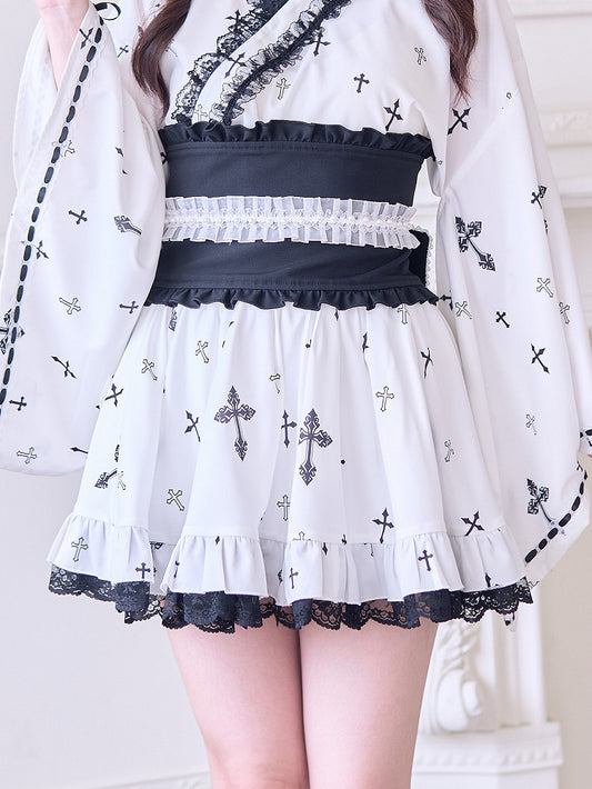 High Waist Skirt with Black Gothic Cross Print and Lace Trim Jirai Kei White