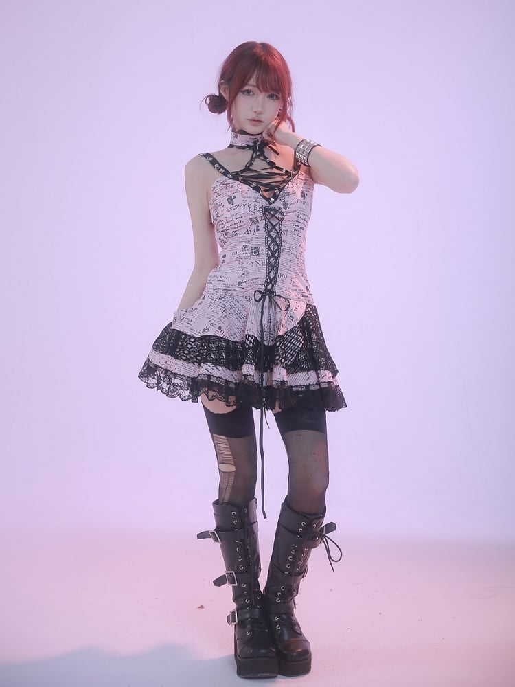 Robe punk rock rose sans manches à imprimé dentelle