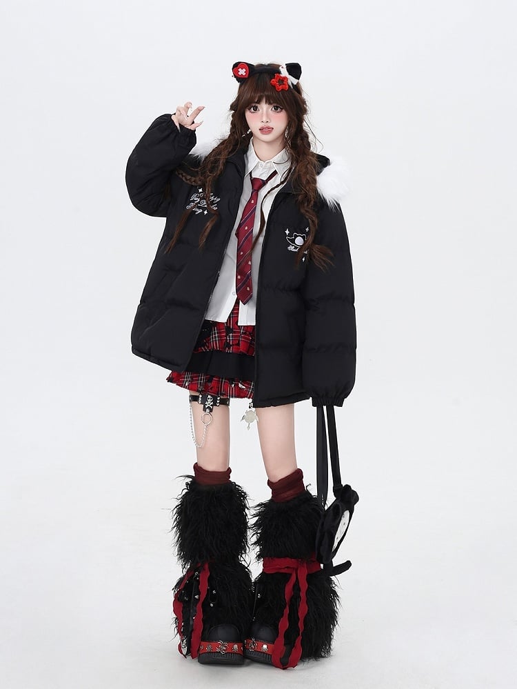 Black Faux Fur Trim Puffer Jacket with Free Crossbody Ita Bag