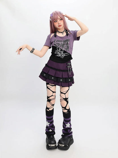 Butterfly Print T-Shirt Short Colorblock Cutout Shoulder Version Red/Pink/Purple Y2K