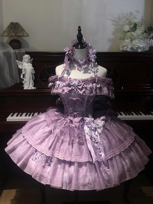 Fairy Lolita Waist Train Balletcore Dress Big Corset Wisteria Tulle Bow with Print Purple