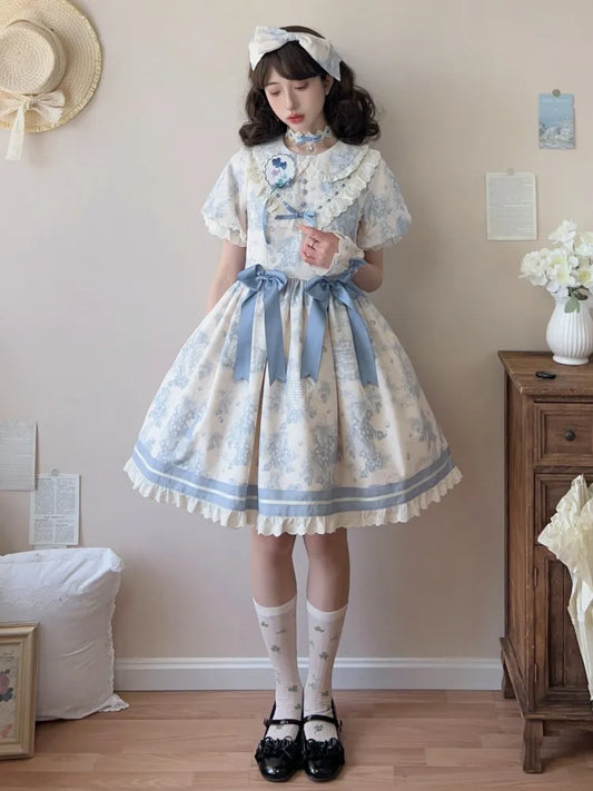 Kragen Lolita Kleid Pan Trauben Kurze Ärmel Blau Peter Print