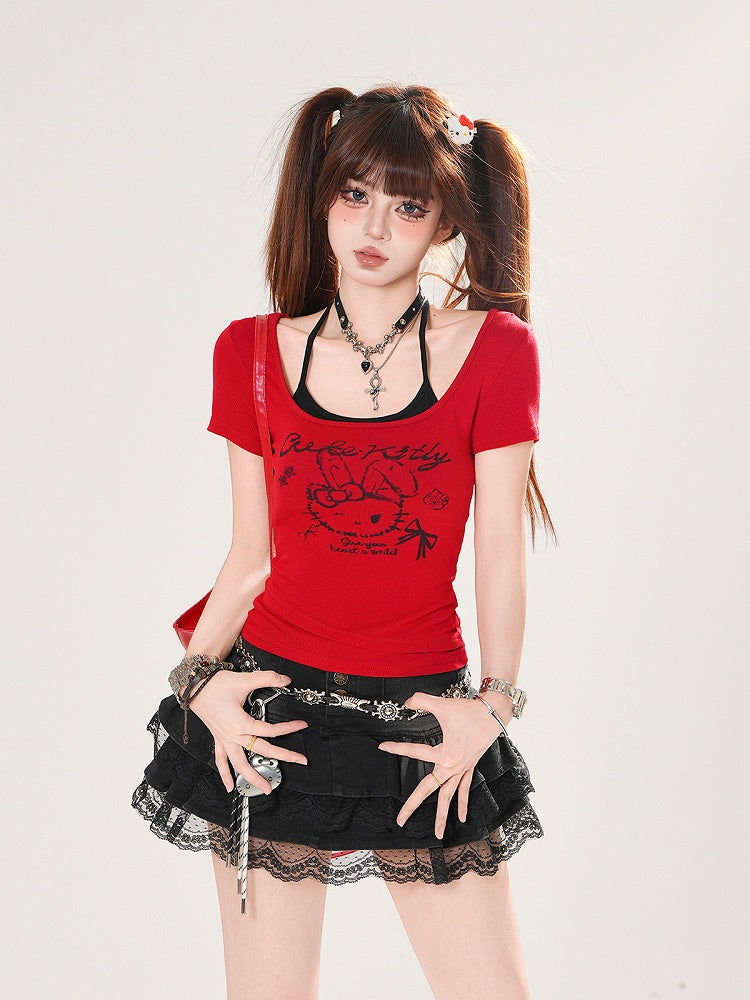 Top T-shirt Halter Print Set Bunny Red/White Neck Black with