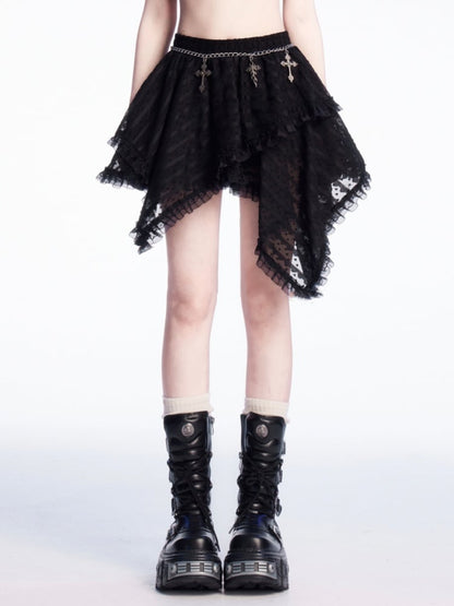 Black Handkerchief Hem Tiered Lace Skirt