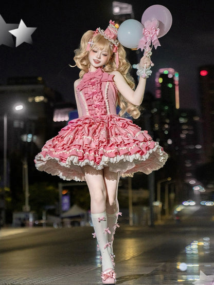 Sweet Bow Dress Ruffle Accents Lolita Pink Tiered Halter Rose Neck Skirt Idol