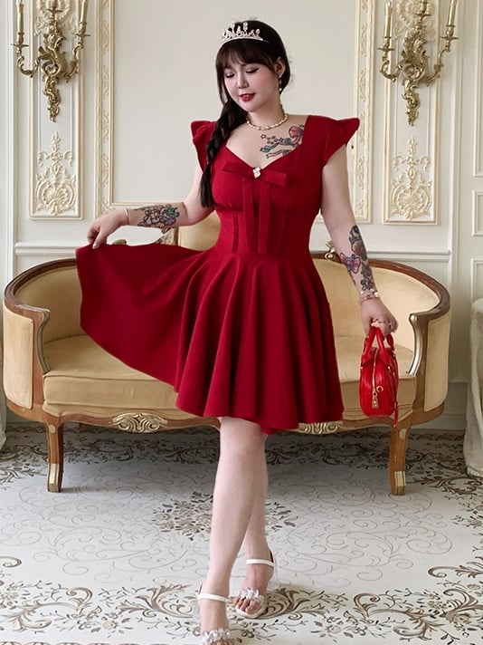 Plus Size V-neck Dress Flutter Sleeves Big Bow Front Red
