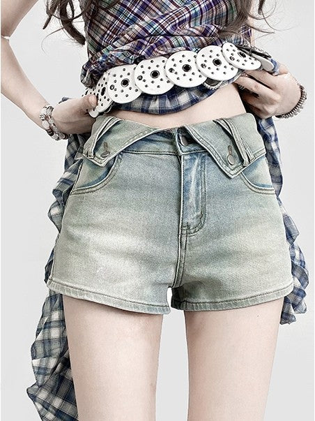 Blue Y2K Denim Glamorous Shorts Waist Fold-over
