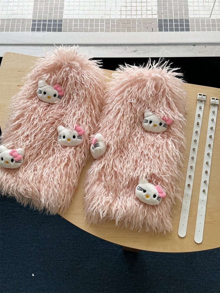 White/Pink/Coffee Stud Shaggy Leg Warmers With Kitty Plushie