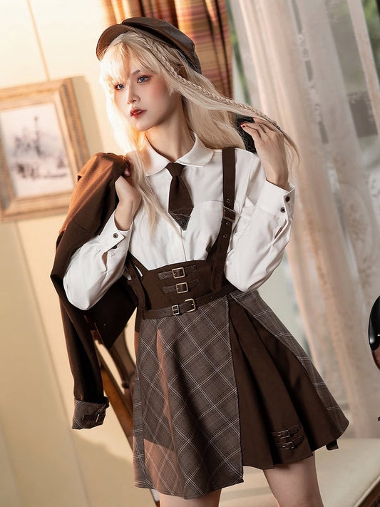 White Reaction Skirt Outfits Shirt Suspender Brown Overalls Detective Maillard Preppy / Plaid Little
