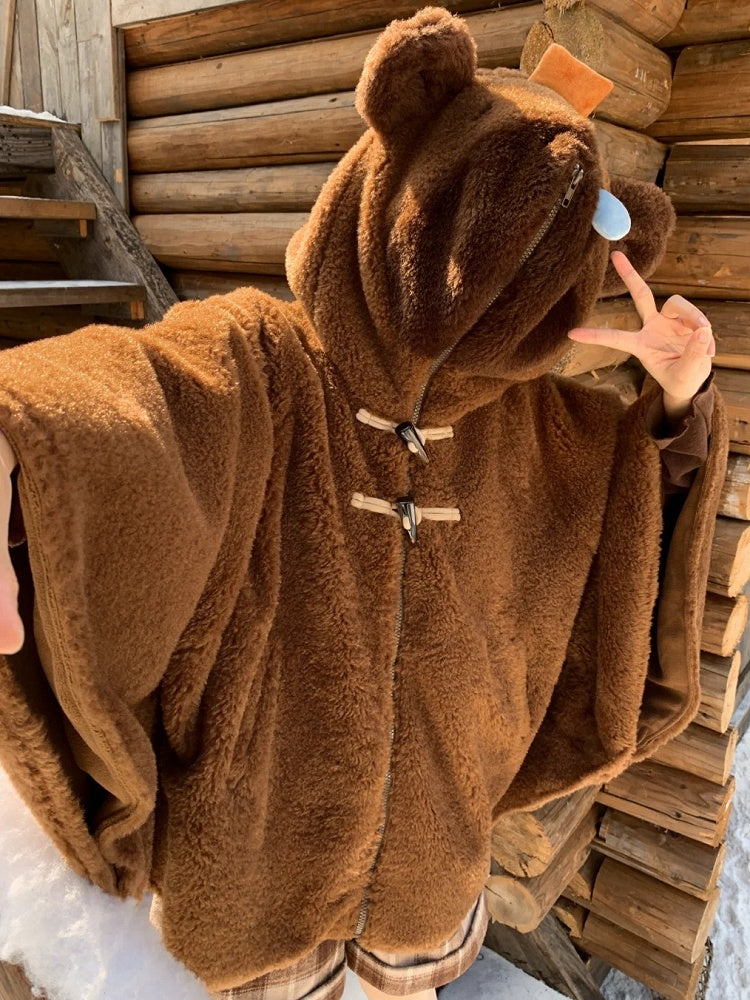 Brown Cute Capybara Hood Zip Closure Fleece Hooded Cape