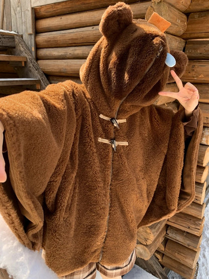 Brown Cute Capybara Hood Zip Closure Fleece Hooded Cape