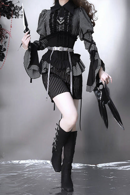 striped shirt Dark + skirt gusset-sleeved corset Reservations