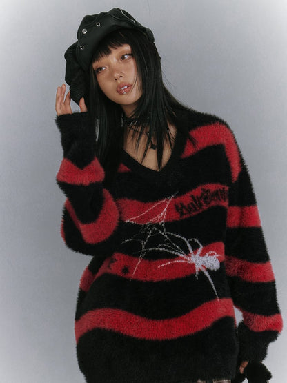 Black and Red Striped V-neck Punk Spider Sweater