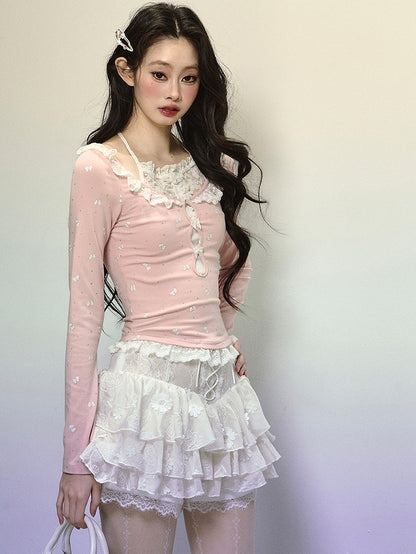 Neckholder-Top mit Spitzenbesatz und Schleifenmuster in Pink