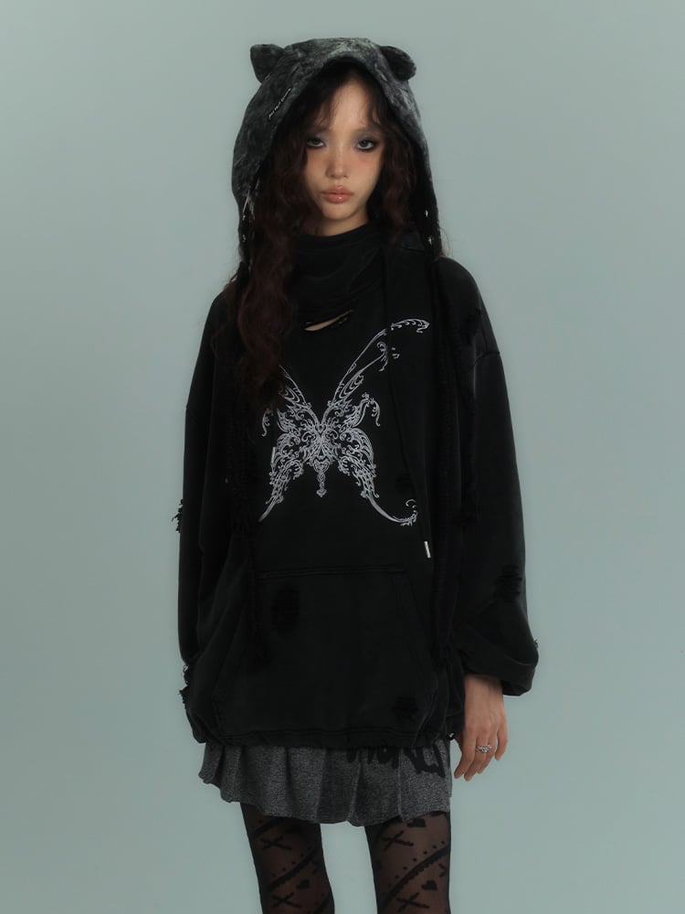 Butterfly Black Distressed Holes Punk Hoodie