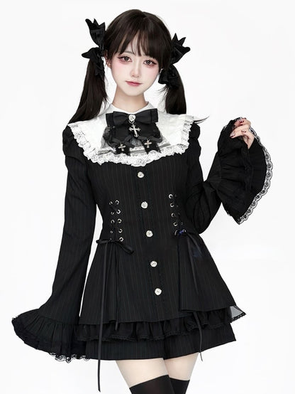 Black Kei - Tie Fashion Dress Sleeves Bow Waist Bib Striped Shorts Lace-Up Matching Outfit Jirai Bell with