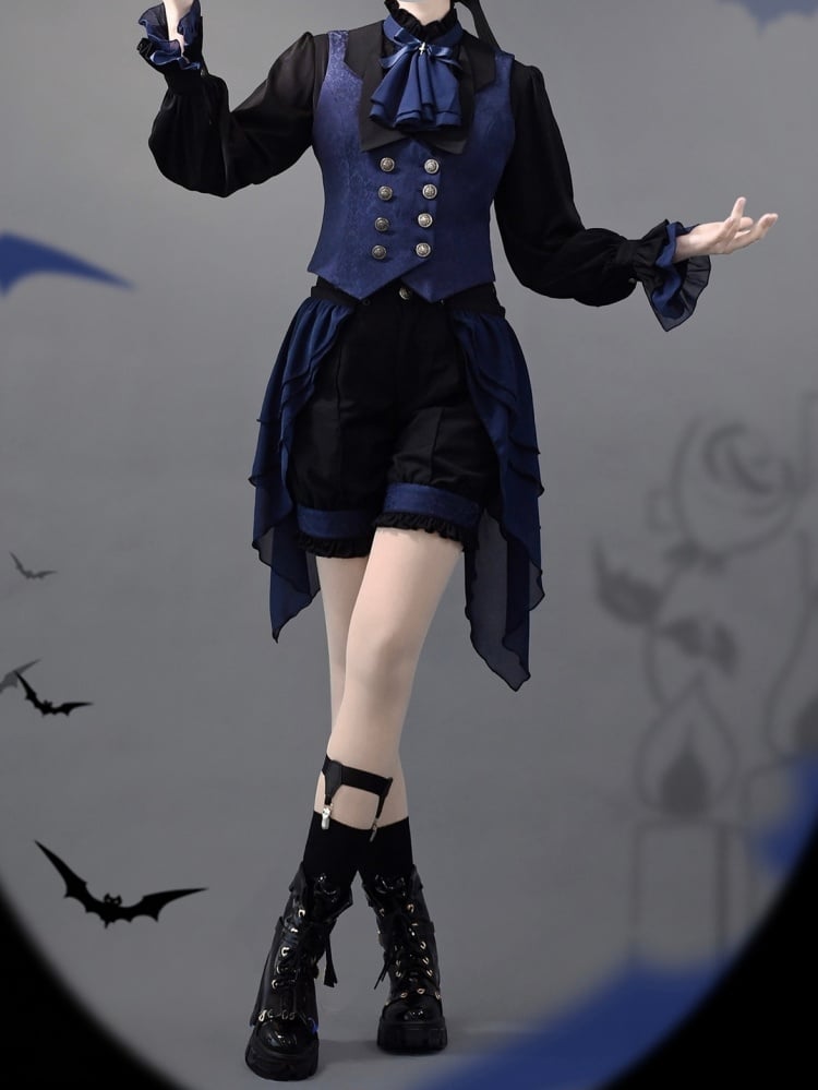 Black and Dark Blue Ouji Lolita Fashion Prince Shirt With Jabot