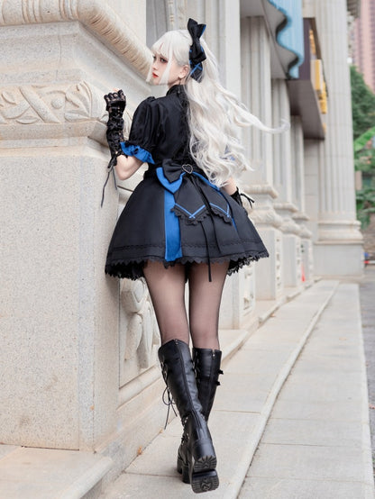 Black and Dark Blue Punk Idol Lolita Dress Lolita Cropped Top Set