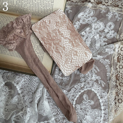 Loop Trims Khaki Studded Fishnet Leg Stockings/Black Socks/Heart-shaped Stockings/Lace Underknee