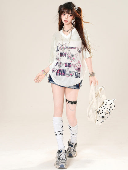 V-neck Cat Daily Kawaii Print T-shirt And Letter White