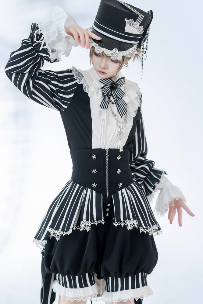 Black and White Ouji Lolita Circus Magician Vibes Striped Long Sleeves Shirt