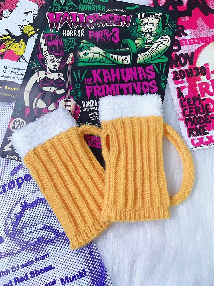 Yellow Beer Mug-shaped Knitted Gloves