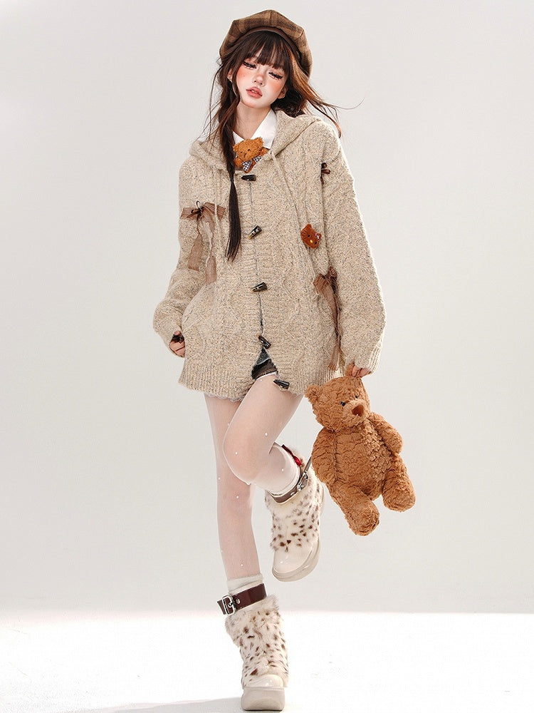 Khaki Bow Accents Hooded Loose Cardigan