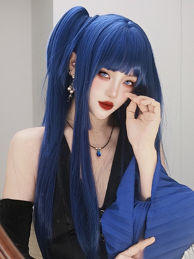 Blue Hime Cut Long Straight Synthetic Wig