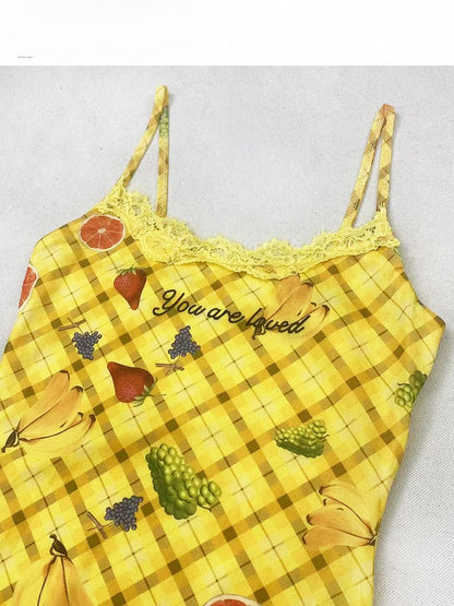 Y2K Pattern Plaid Letter Neck + Yellow Fruit Halter Cami Print Bittersweet Dress Top And Red