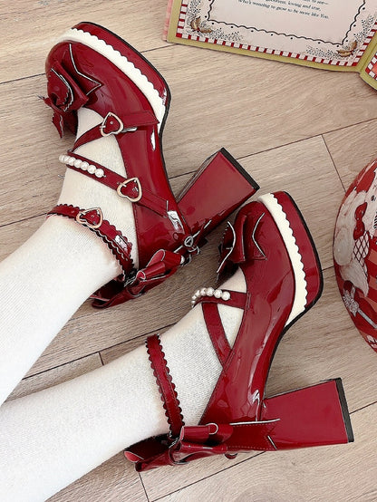 Heart Sweet Red PU Lolita Buckles Strap Bow Bead-Embellished Janes Leather with Mary Accents in Wine