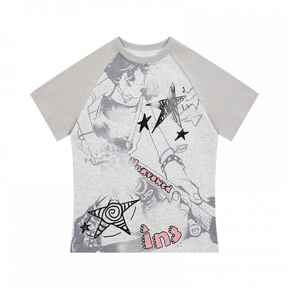Graues, eng anliegendes T-Shirt mit Colorblock-Design und Y2K-Print