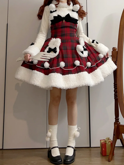 Red Plaid Pattern Winter Bunny Theme Christmas Lolita Dress Plush Neckline and Hemline