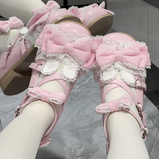 Bunny Ear Low/Mid Janes Pink - Dot Accents with Sweet Lolita Bows Mary Heels Round Toe Polka