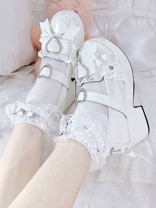 Decorated Platform Lace-up Heels Jirai Heart Polished White Details High Rhinestone Block Kei