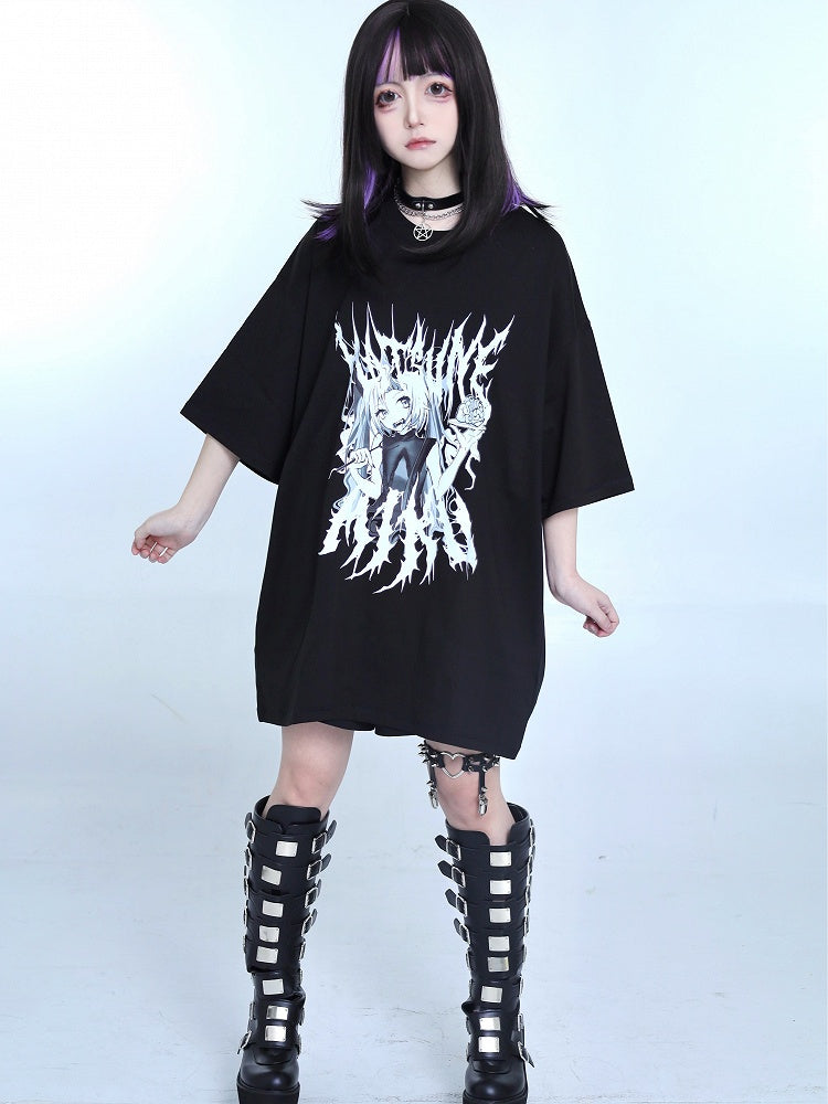 Kei Cartoon Mädchen Print Schwarzes T-Shirt Jirai Rundhals