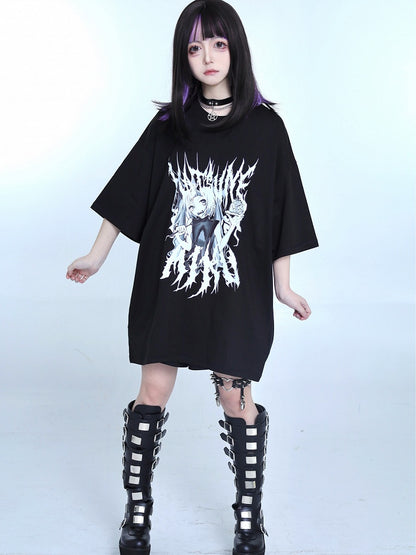 Kei Cartoon Mädchen Print Schwarzes T-Shirt Jirai Rundhals