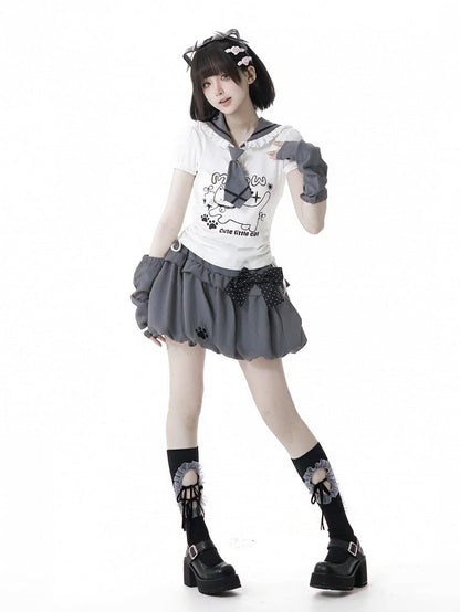 Side Armwear Free Ears with T-shirt Kitty Design Sailor Collar White Drawstring
