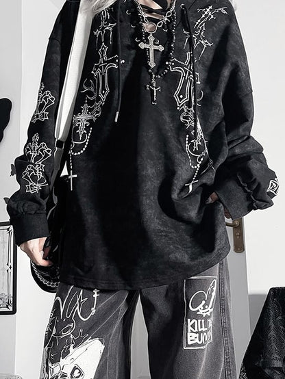 Lace-up Design Cross Hoodie Dye Bittersweet Tie Details Black