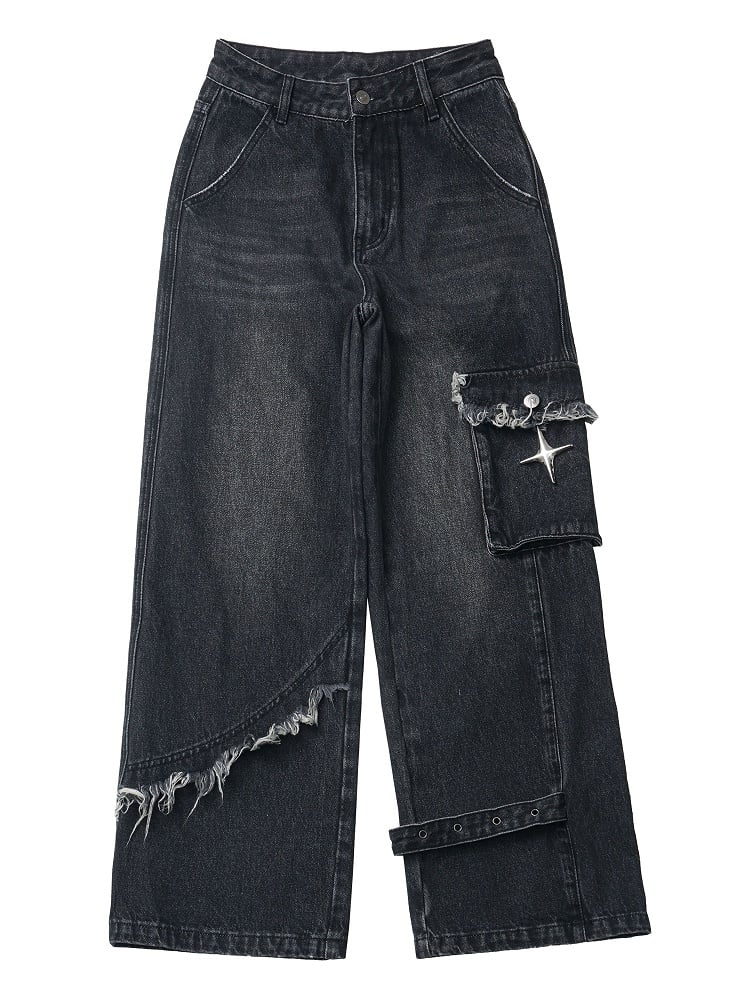 Dark Grey Raw Hem Straight-leg Cut Jeans