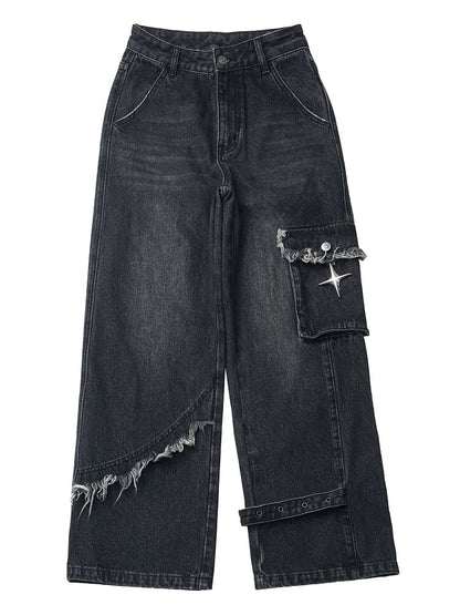 Dark Grey Raw Hem Straight-leg Cut Jeans