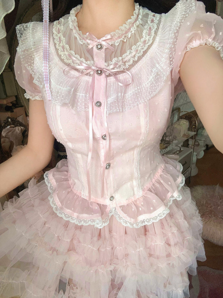 Puff Sleeve Top Pink Chiffon Polka-dot