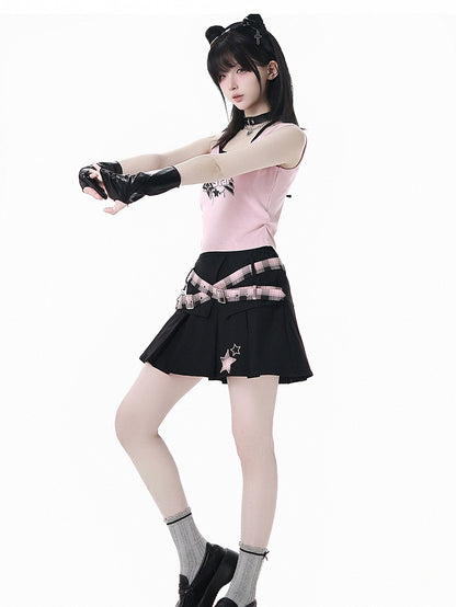 Pink Plaid Buckle Straps Star Applique Black Box Pleat Skirt