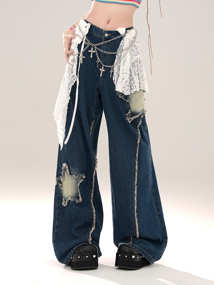 Blue Raw Edge Star Wide Leg Jeans