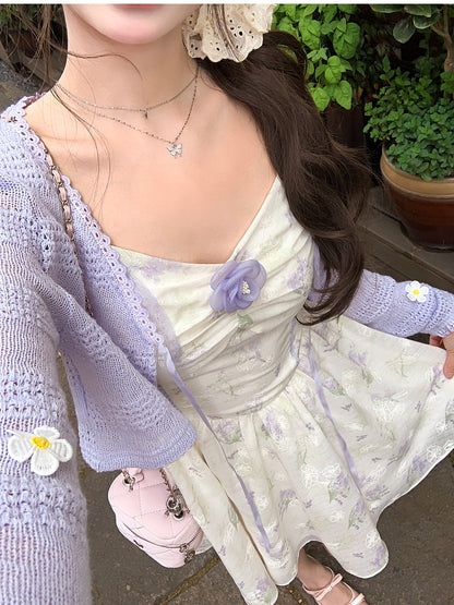 Lavender V-Neck Accents Summer Knit Cardigan Floral