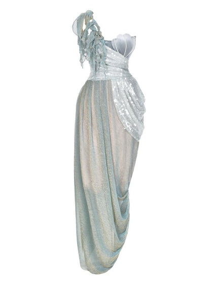 Shimmer Siren Asymmetrical Neckline Goth Cascading Ruffles Dress Fairy