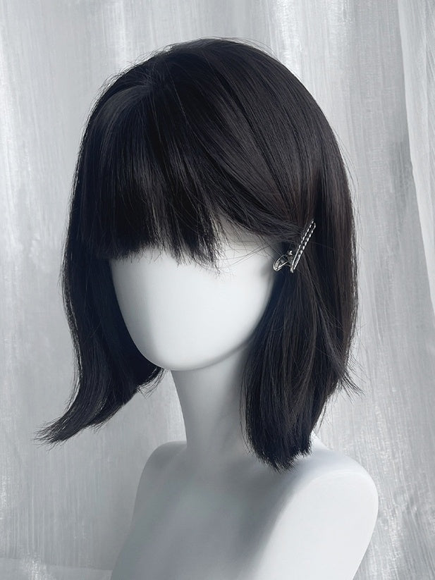 Black Tea Short Straight Synthetic Wig With Full Bangs