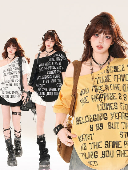 Asymmetrical Neckline Letter Print Loose T-Shirt Yellow/White/Black