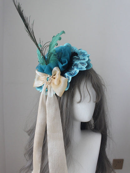 Mini Strass Blau Verziert Bowknot Version Pfau Hut Design Feder Wunderschöne