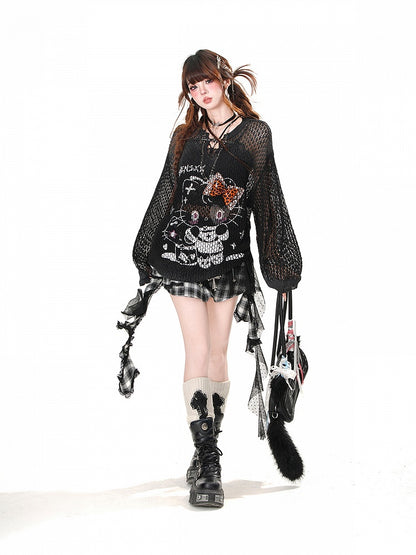 Skirt Hem Asymmetrical Mesh Patchwork Design Black Plaid Pattern Ruffled Polka-dot